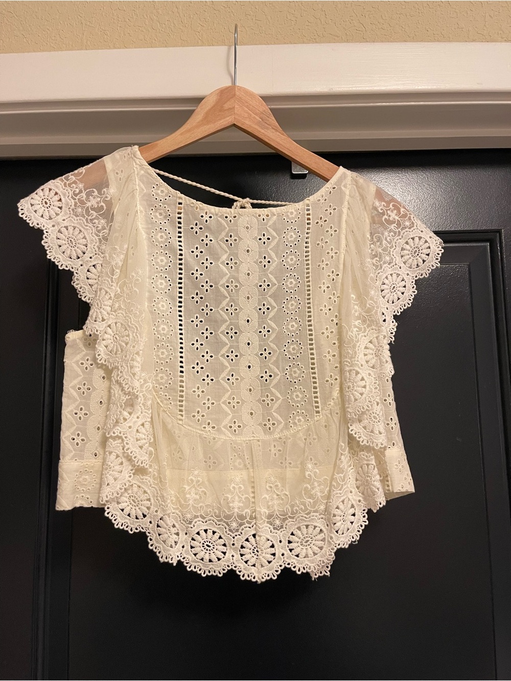 Altar'd State Cream Crochet Lace Flutter Sleeve Cropped Blouse